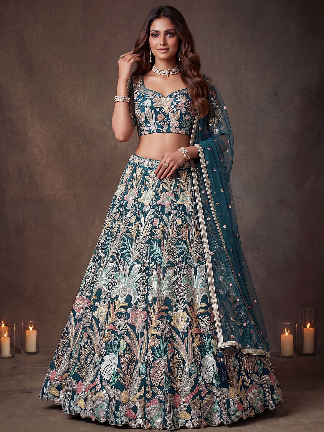 Amazing Teal Blue Embroidered Net Wedding Wear Lehenga Choli With Dupatta