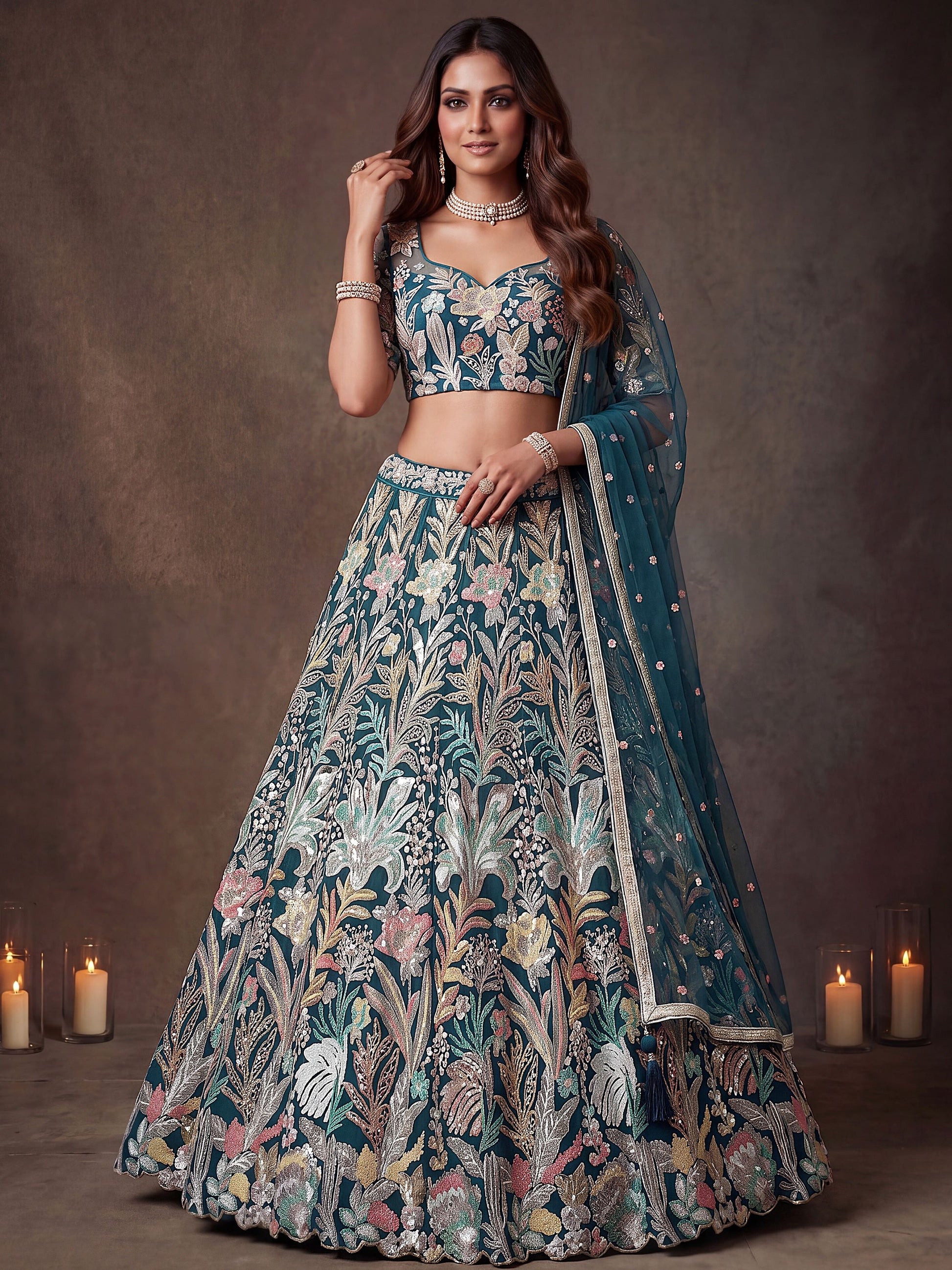 Amazing Teal Blue Embroidered Net Wedding Wear Lehenga Choli With Dupatta