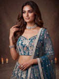 Amazing Teal Blue Embroidered Net Wedding Wear Lehenga Choli With Dupatta