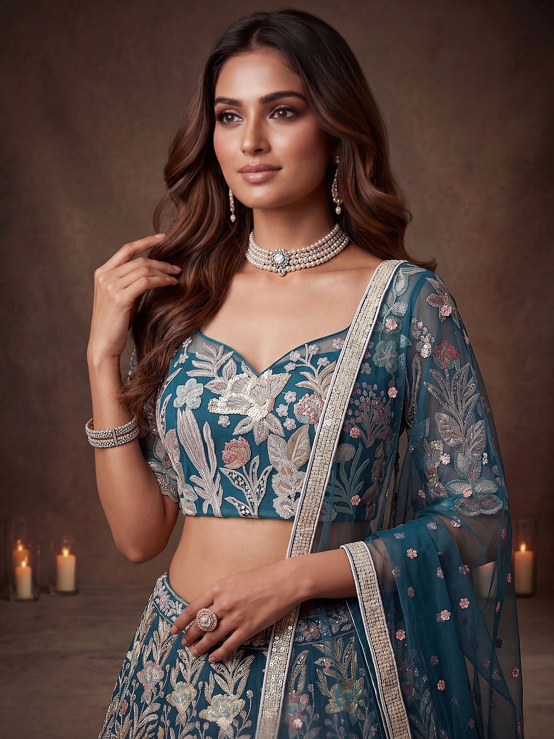 Amazing Teal Blue Embroidered Net Wedding Wear Lehenga Choli With Dupatta