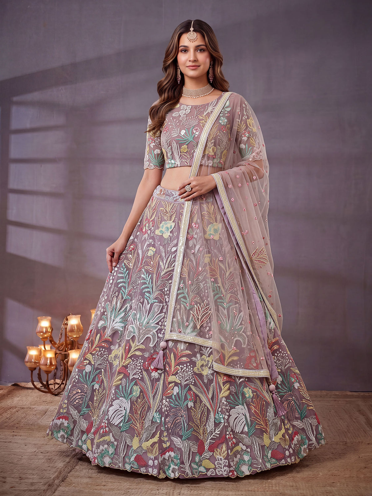 Adorning Lavender Sequins Work Net Wedding Wear Lehenga Choli