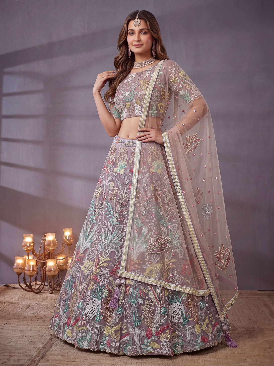 Adorning Lavender Sequins Work Net Wedding Wear Lehenga Choli