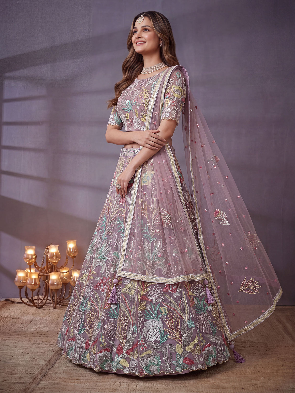 Adorning Lavender Sequins Work Net Wedding Wear Lehenga Choli
