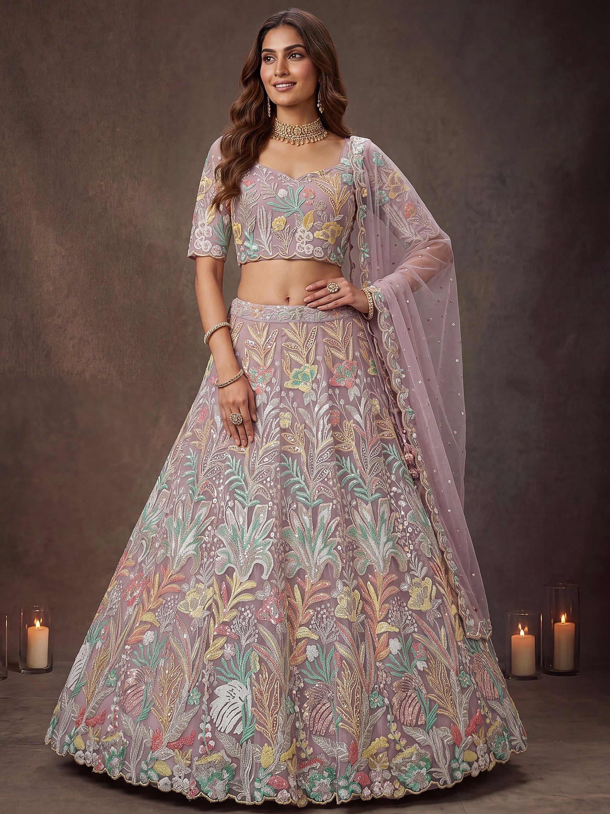 Lovely Lavender Embroidered Net Wedding Wear Lehenga Choli With Dupatta