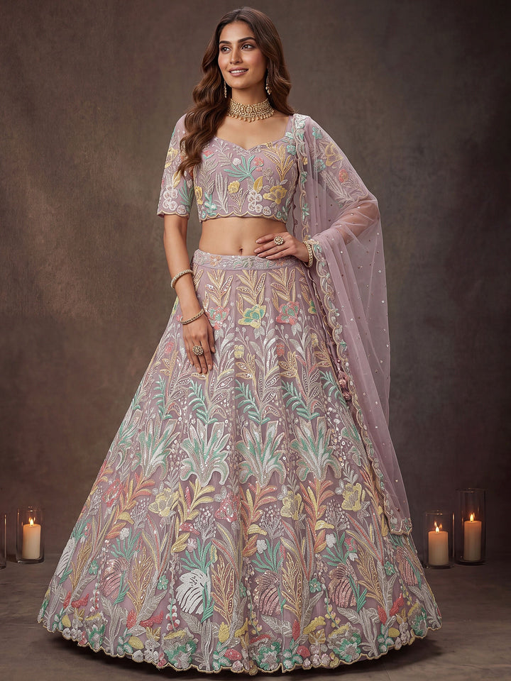 Lovely Lavender Embroidered Net Wedding Wear Lehenga Choli With Dupatta