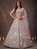 Lovely Lavender Embroidered Net Wedding Wear Lehenga Choli With Dupatta