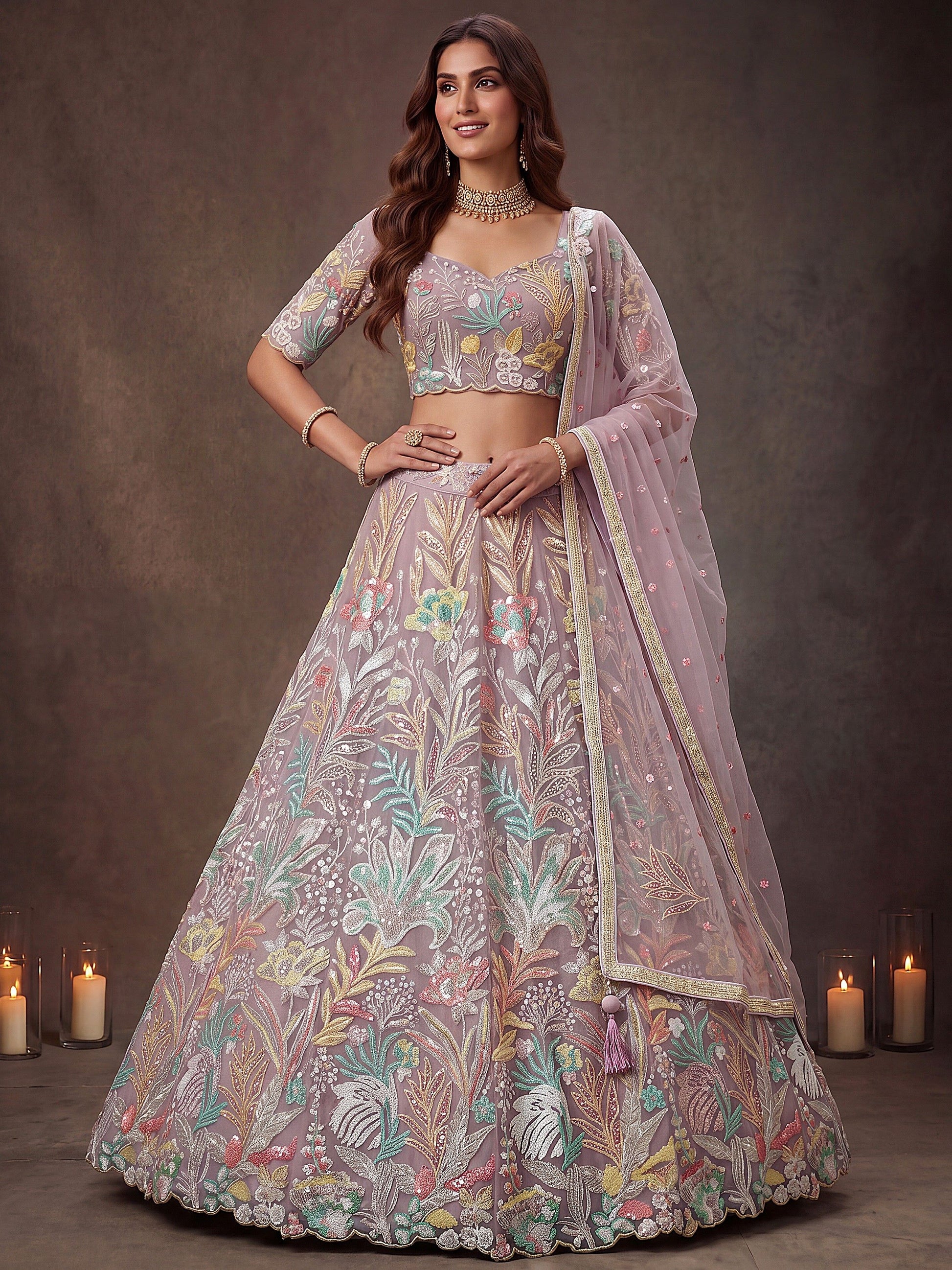 Lovely Lavender Embroidered Net Wedding Wear Lehenga Choli With Dupatta