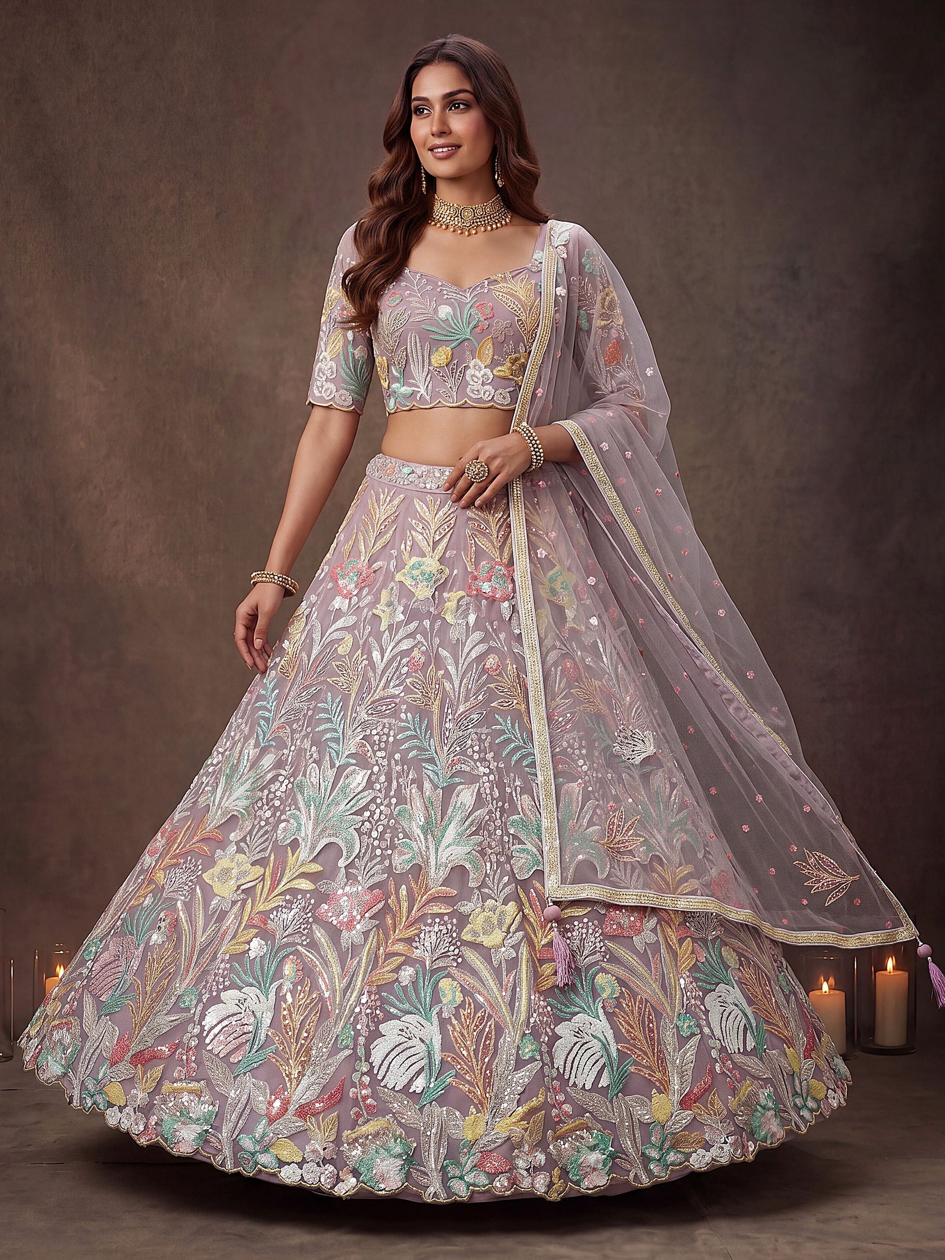 Lovely Lavender Embroidered Net Wedding Wear Lehenga Choli With Dupatta