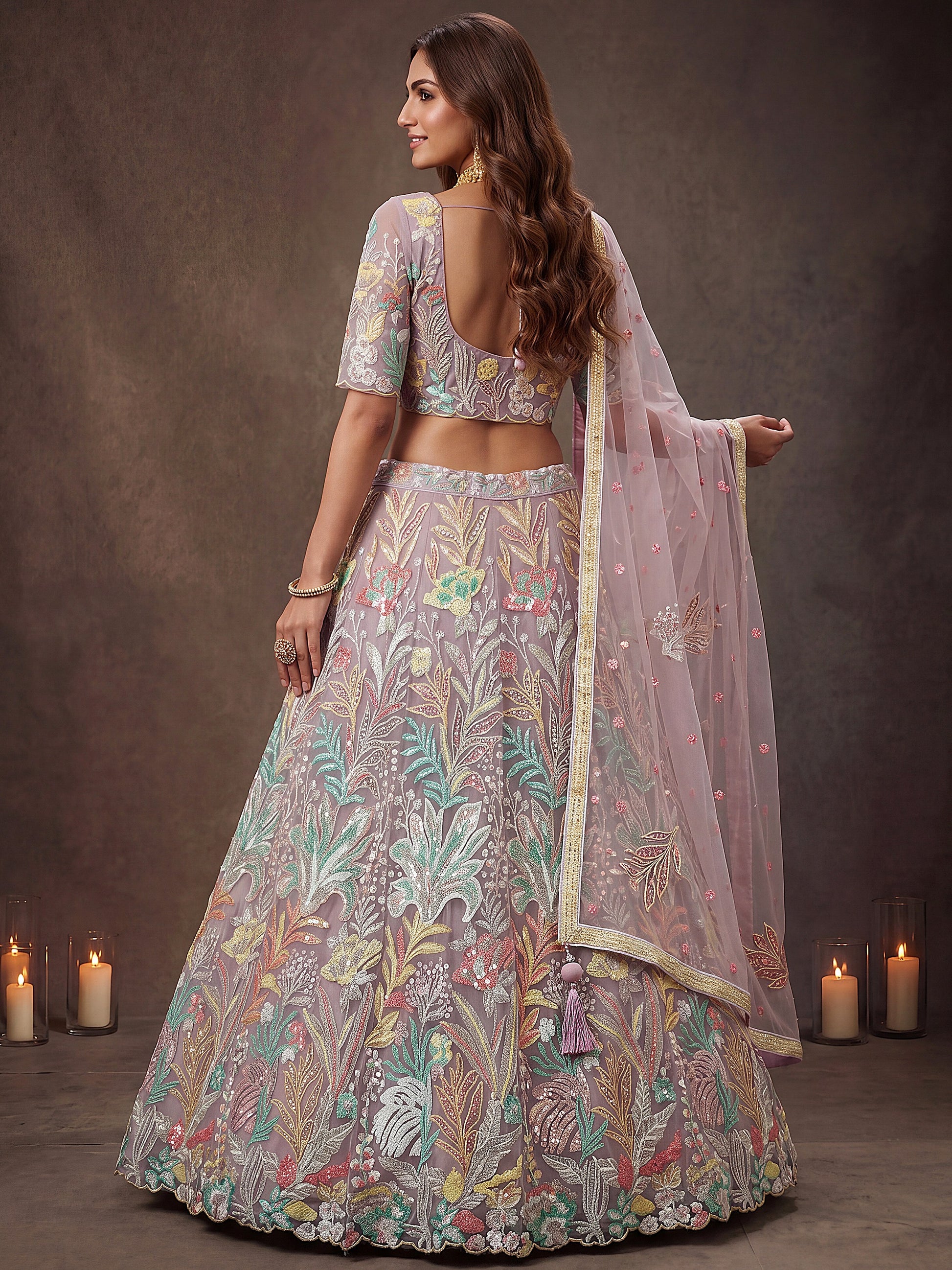 Lovely Lavender Embroidered Net Wedding Wear Lehenga Choli With Dupatta