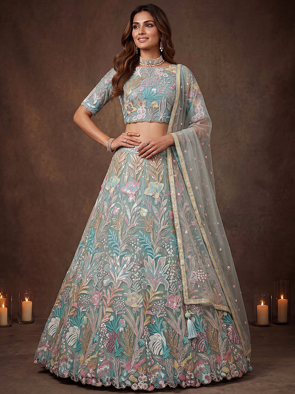 Elegant Pista Green Embroidered Net Wedding Wear Lehenga Choli With Dupatta