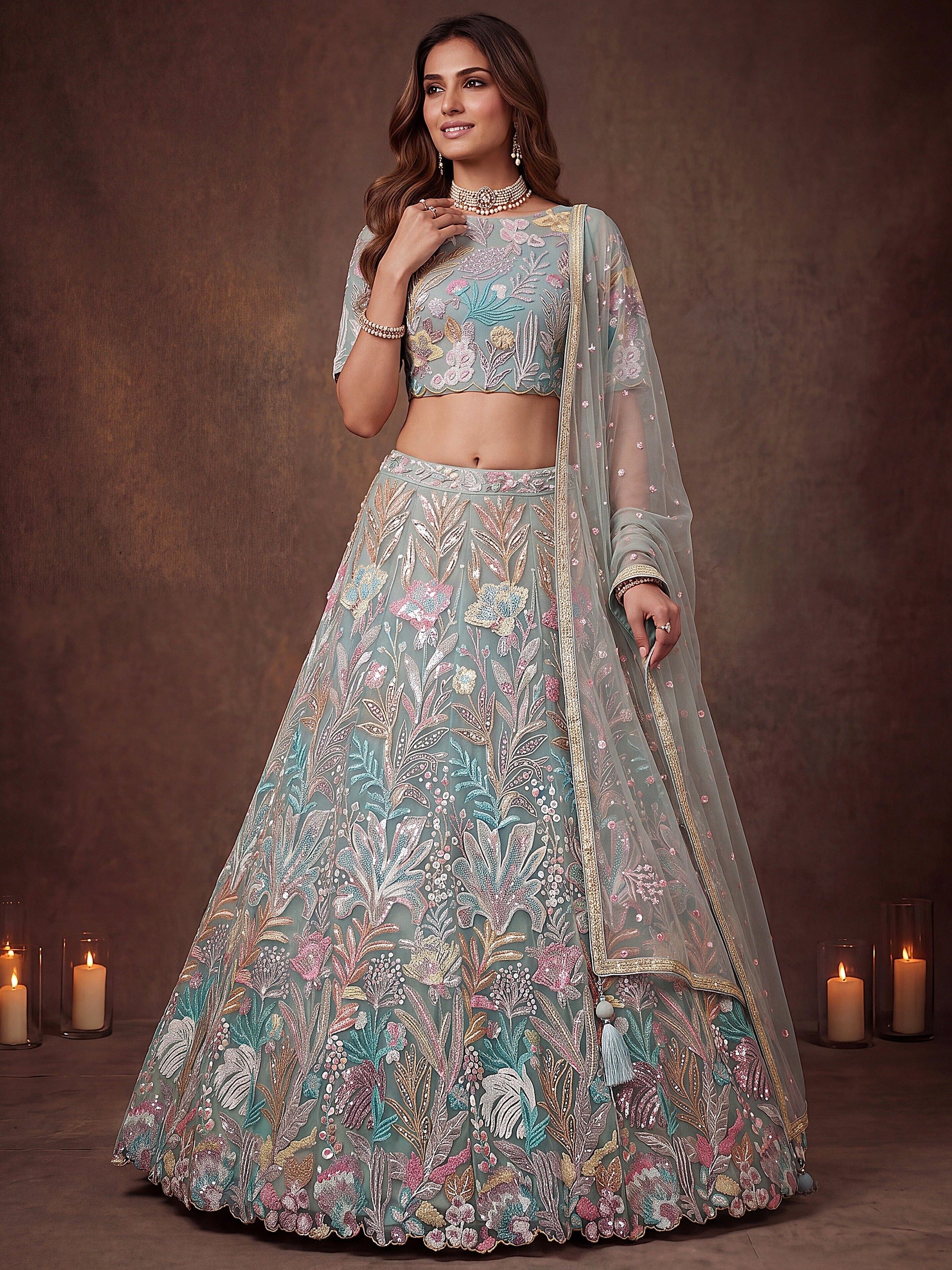 Elegant Pista Green Embroidered Net Wedding Wear Lehenga Choli With Dupatta