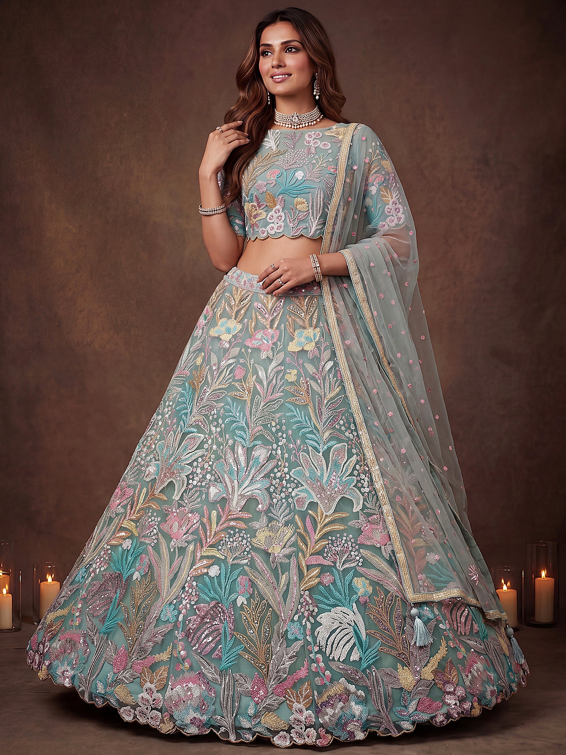 Elegant Pista Green Embroidered Net Wedding Wear Lehenga Choli With Dupatta