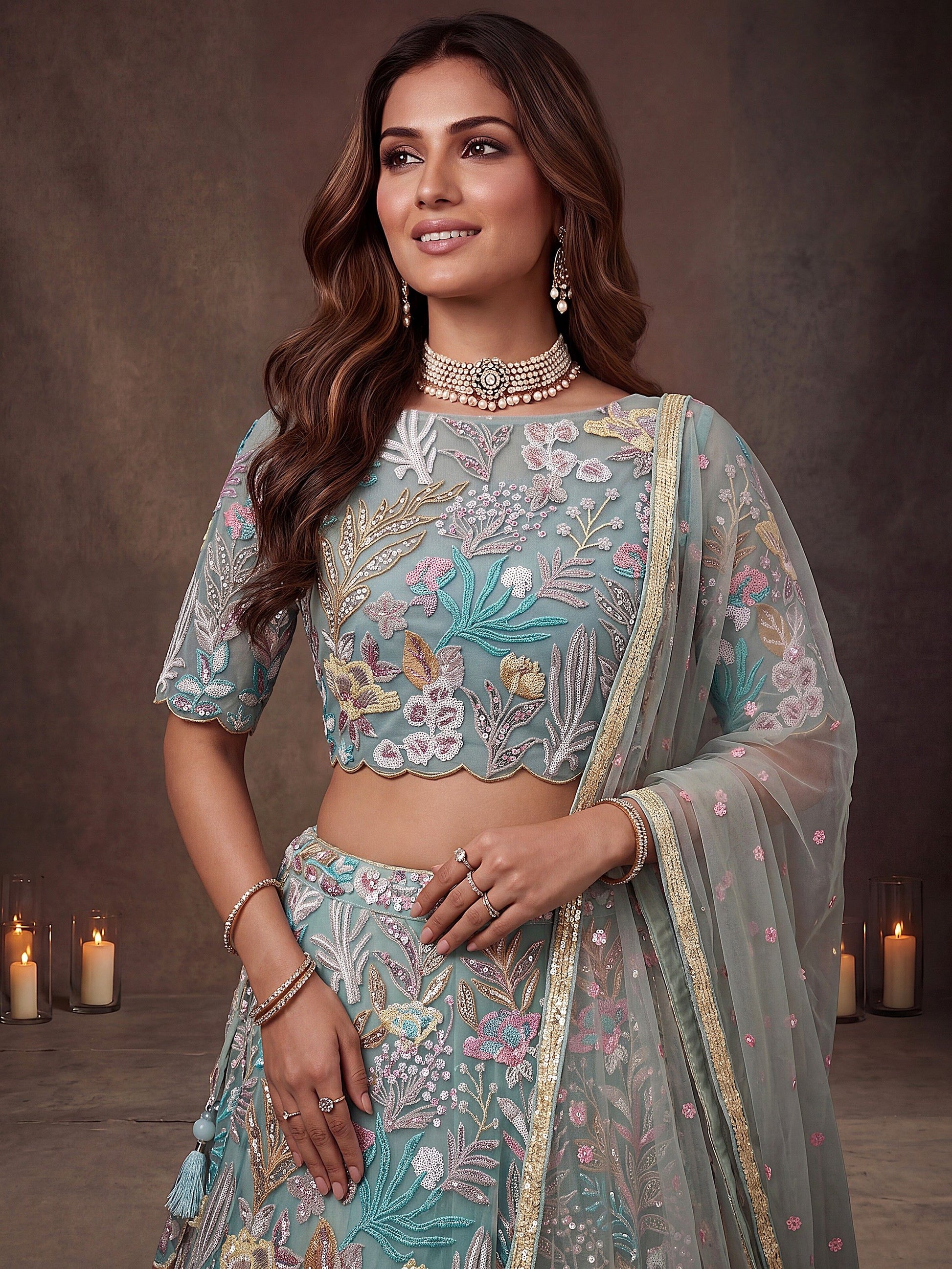 Elegant Pista Green Embroidered Net Wedding Wear Lehenga Choli With Dupatta