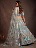 Elegant Pista Green Embroidered Net Wedding Wear Lehenga Choli With Dupatta