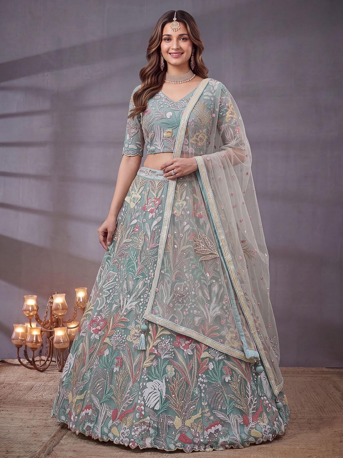 Elegant Sky Blue Sequins Work Net Reception Wear Lehenga Choli