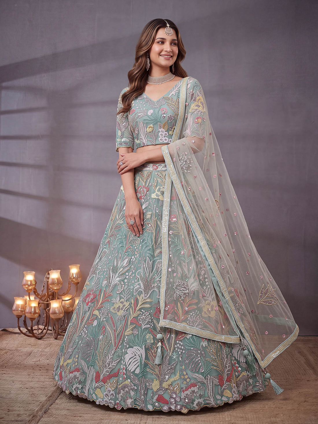 Elegant Sky Blue Sequins Work Net Reception Wear Lehenga Choli