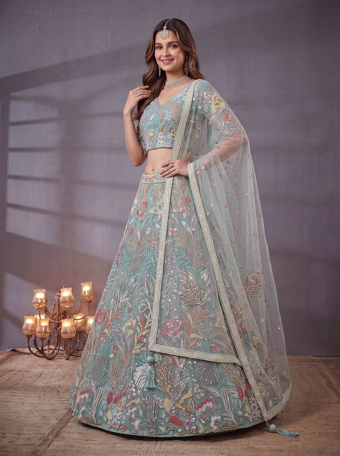 Elegant Sky Blue Sequins Work Net Reception Wear Lehenga Choli