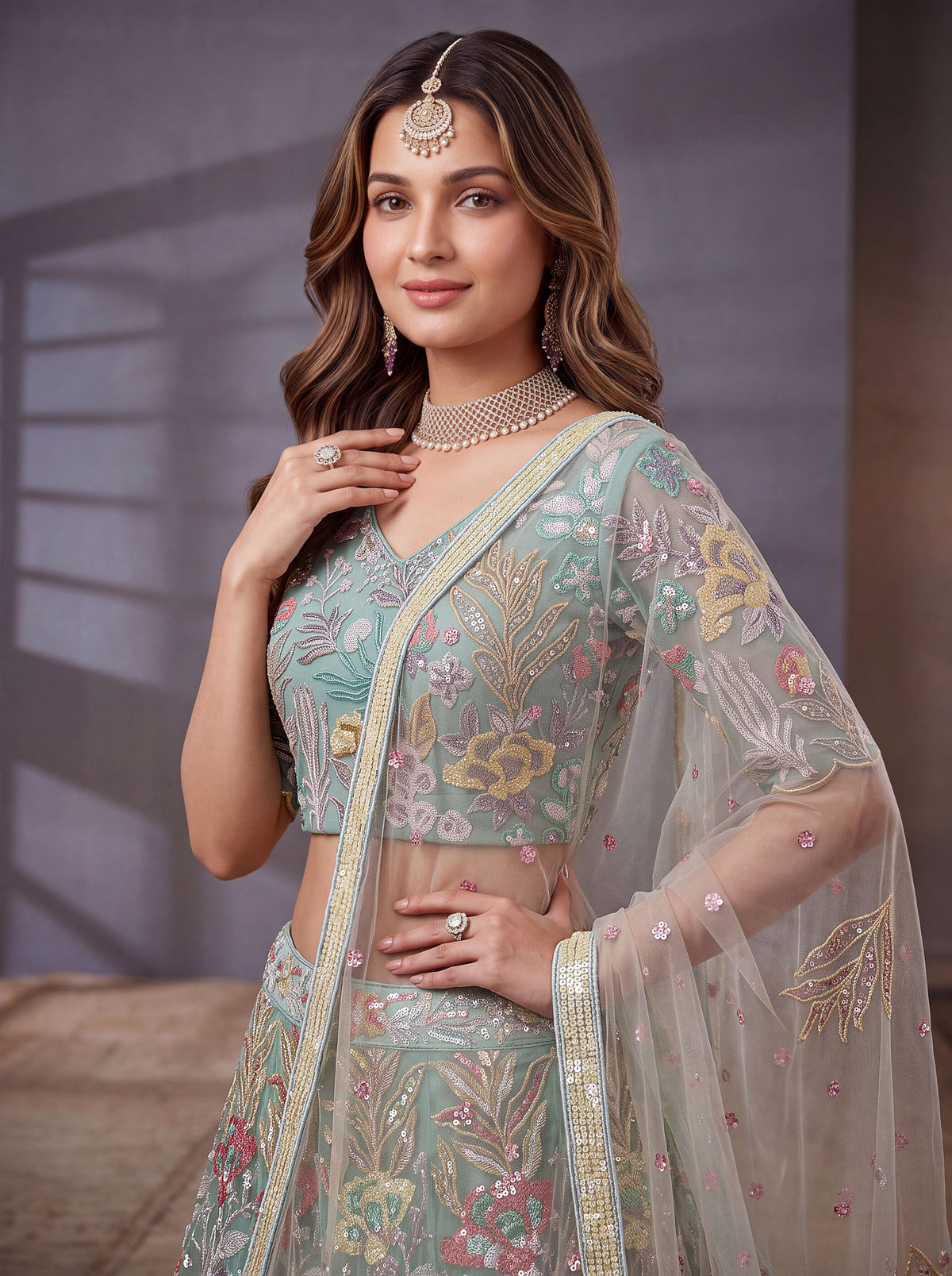Elegant Sky Blue Sequins Work Net Reception Wear Lehenga Choli