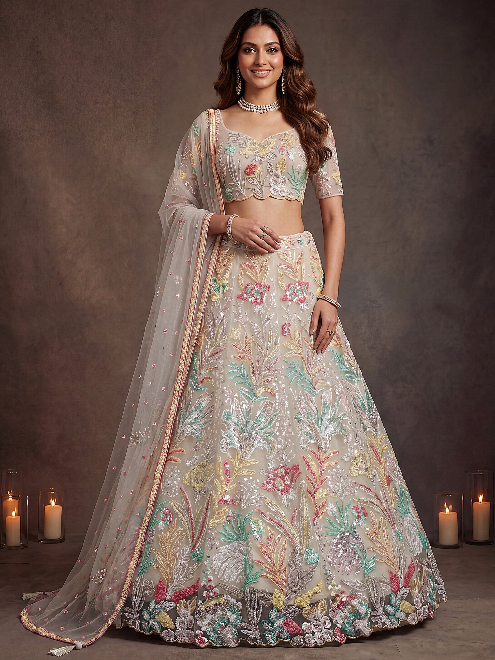 Charming Off-White Sequin Net Wedding Wear Lehenga Choli With Dupatta