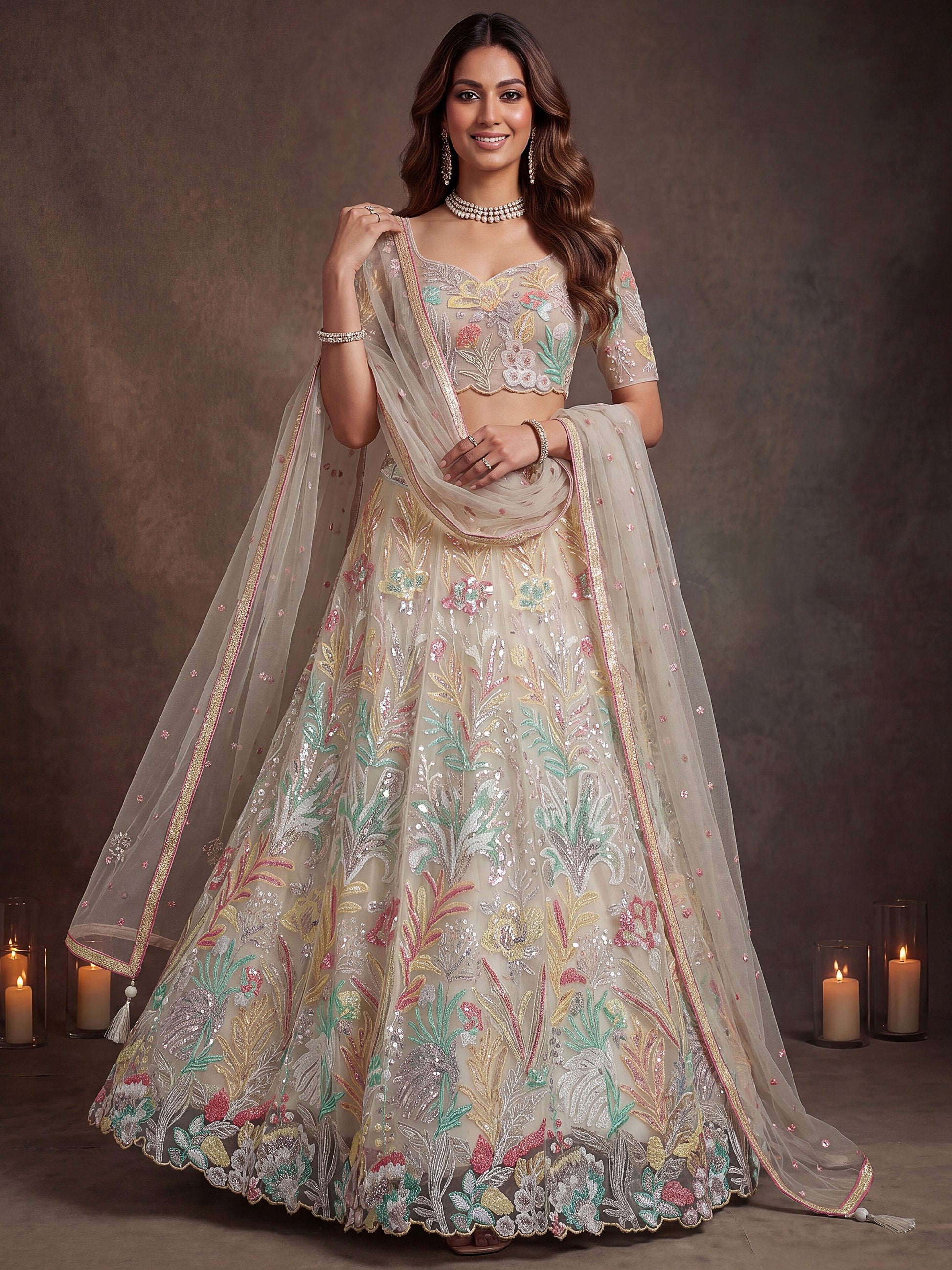 Charming Off-White Sequin Net Wedding Wear Lehenga Choli With Dupatta