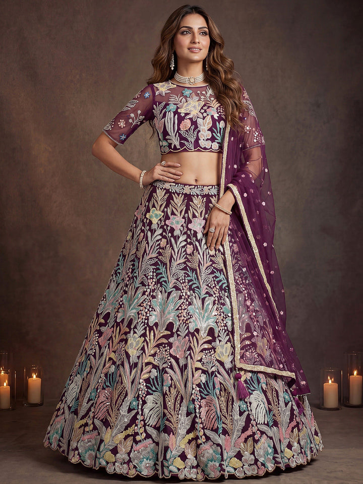 Dazzling Wine sequin  Net Reception Wear Lehenga Choli With Dupatta