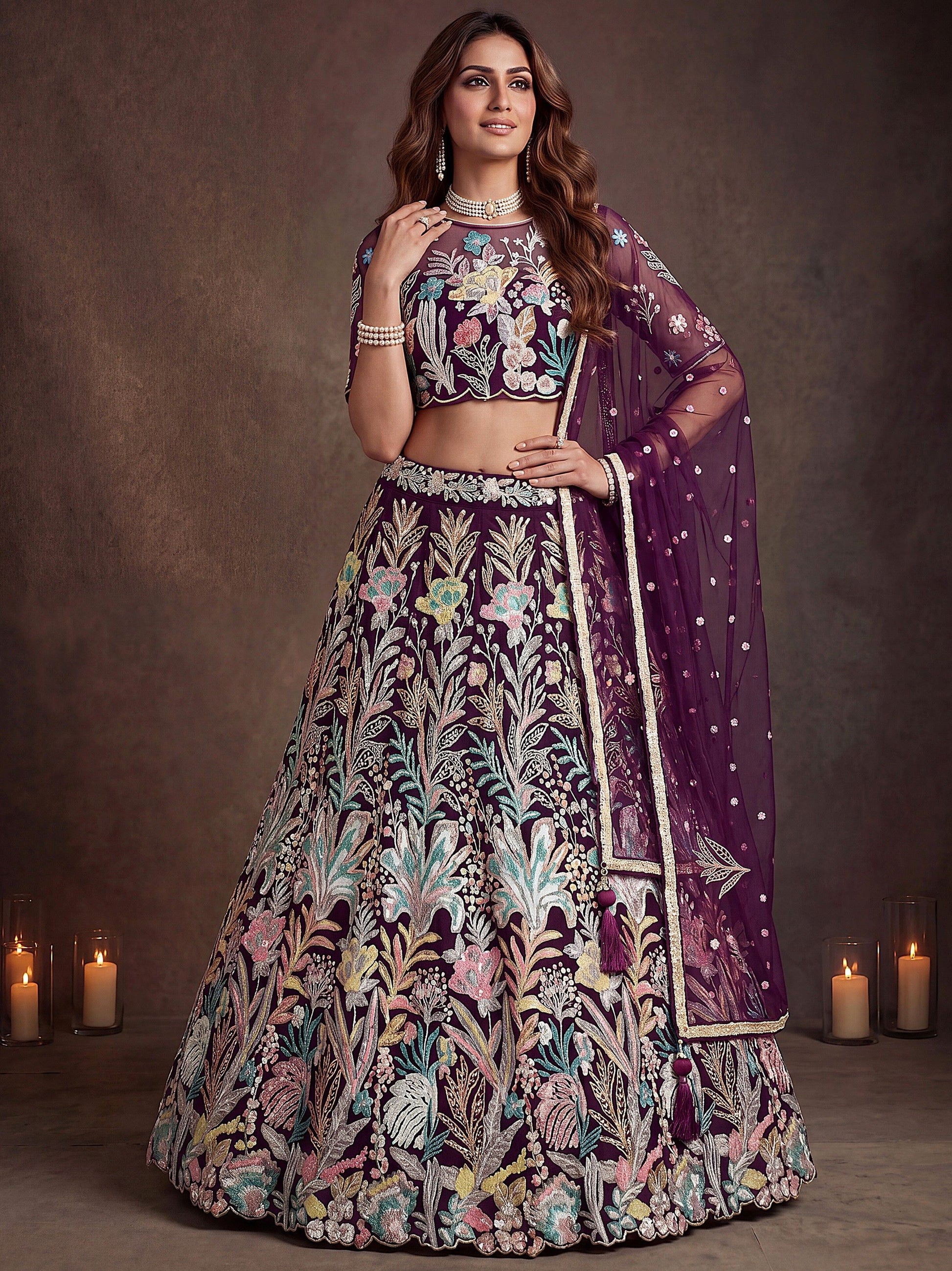 Dazzling Wine sequin  Net Reception Wear Lehenga Choli With Dupatta