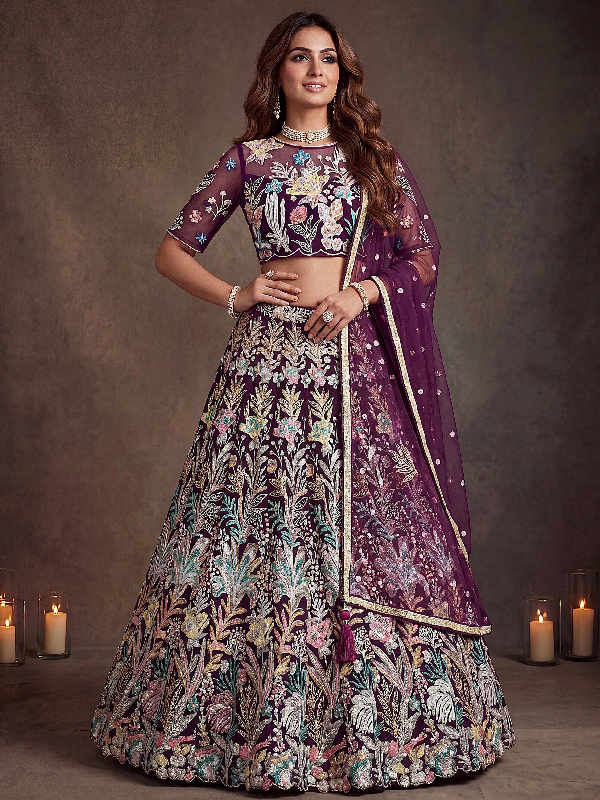 Dazzling Wine sequin  Net Reception Wear Lehenga Choli With Dupatta