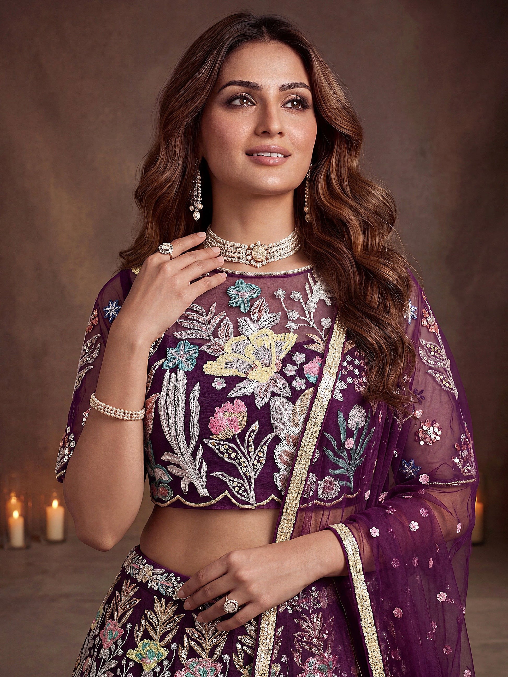 Dazzling Wine sequin  Net Reception Wear Lehenga Choli With Dupatta