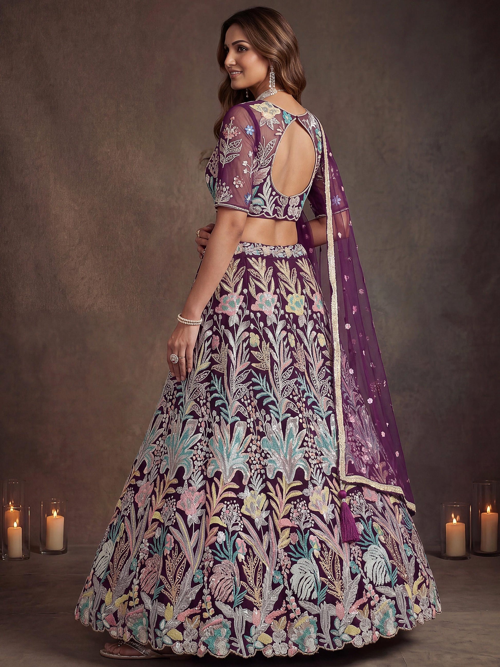 Dazzling Wine sequin  Net Reception Wear Lehenga Choli With Dupatta