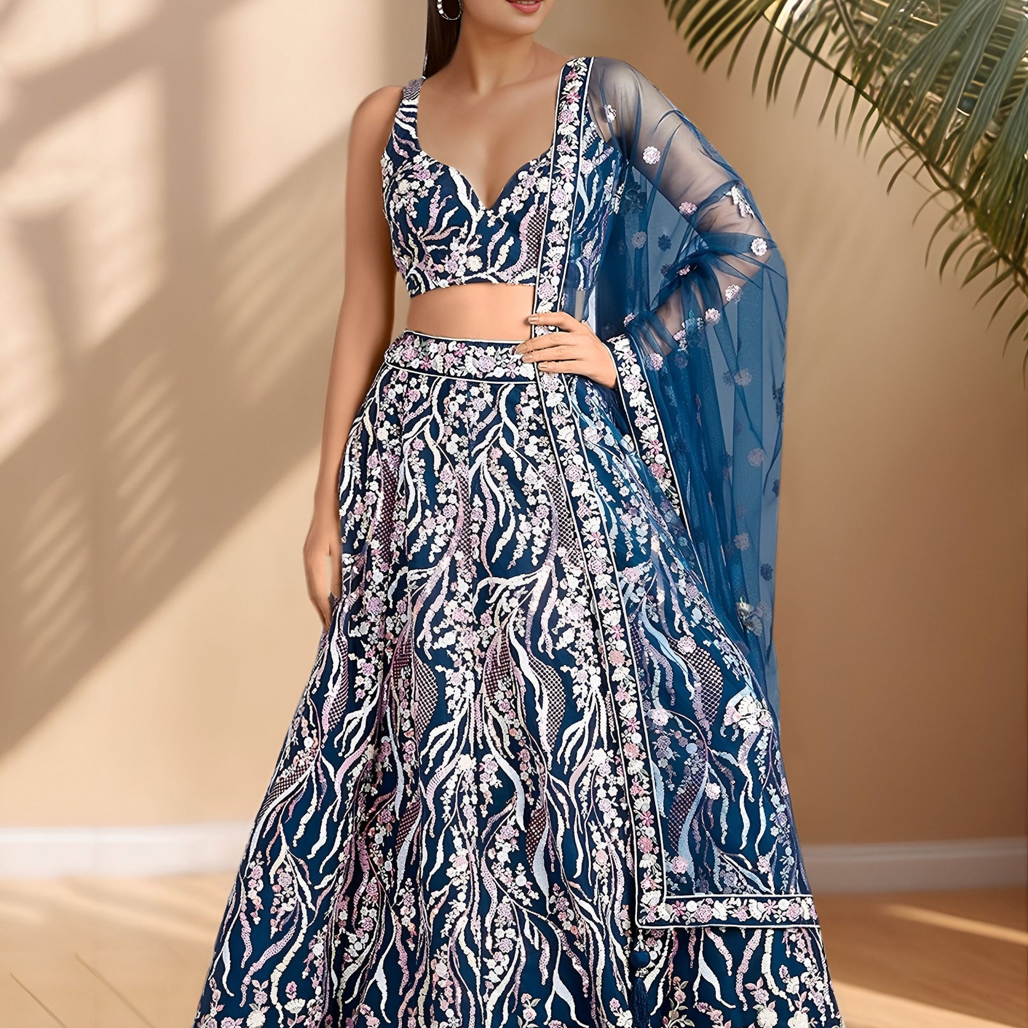Stylish Teal Blue Floral Embroidery Net Engagement Wear Lehenga Choli