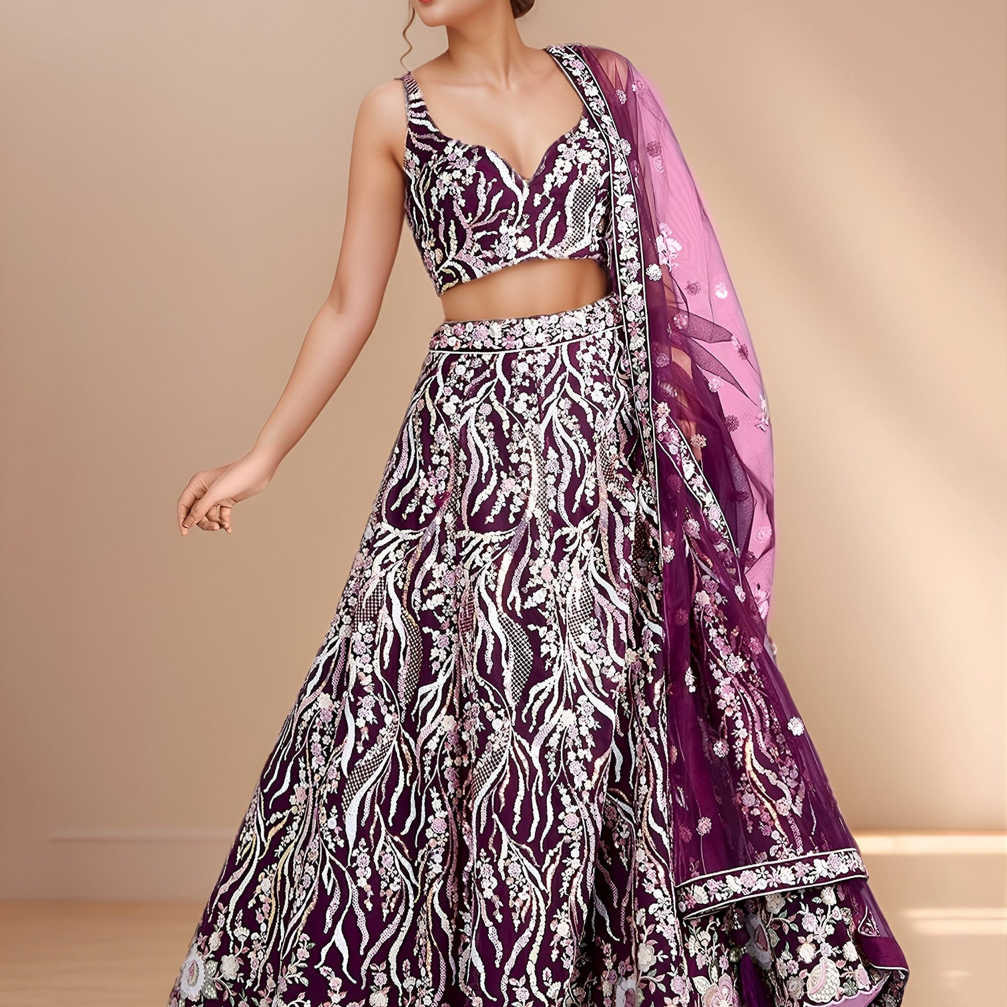 Sophisticated Wine Embroidered Net Party Wear Lehenga Choli With Dupatta