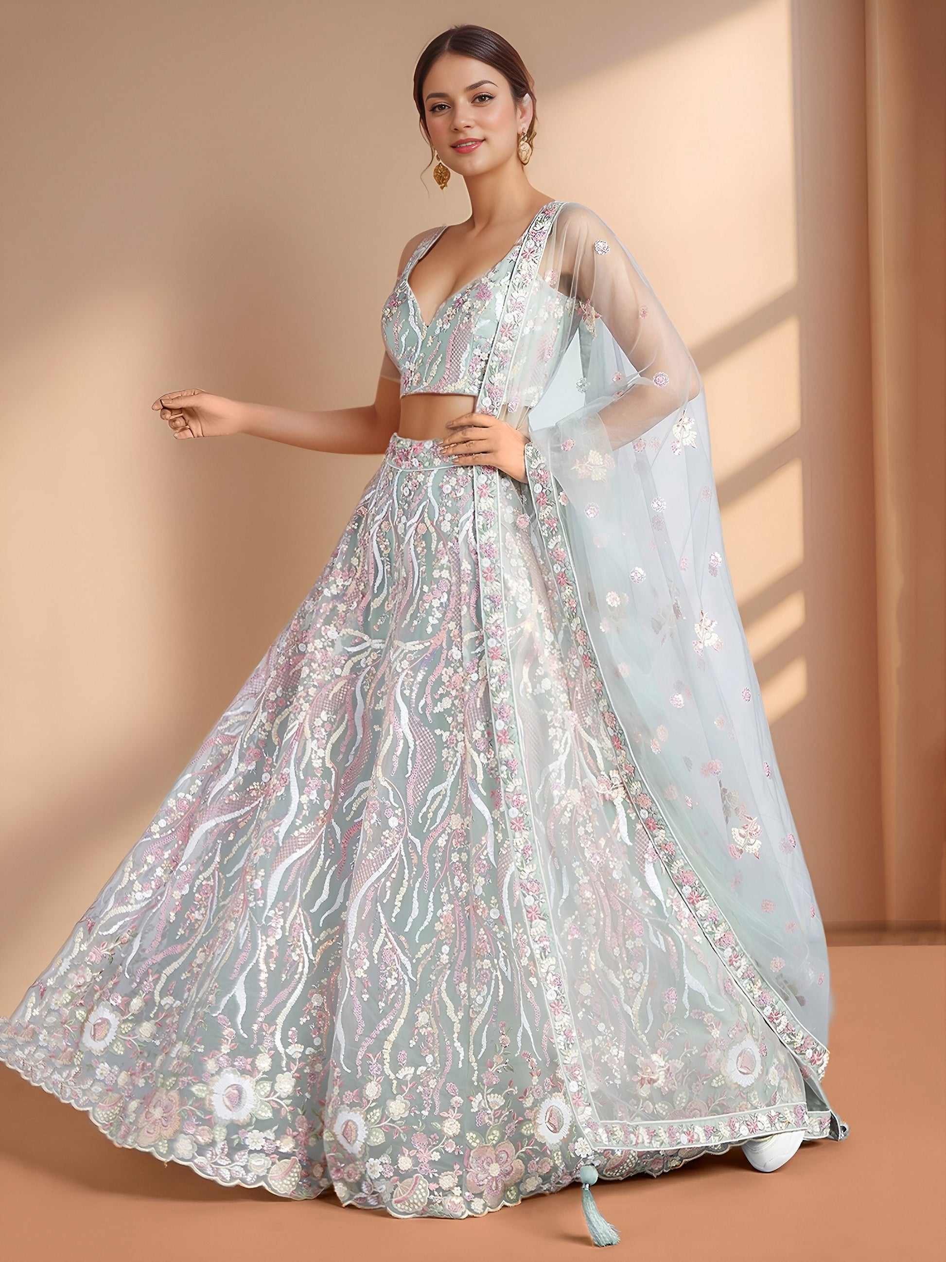 Chic Sky Blue Sequins Net Bridesmaid Lehenga Choli With Dupatta