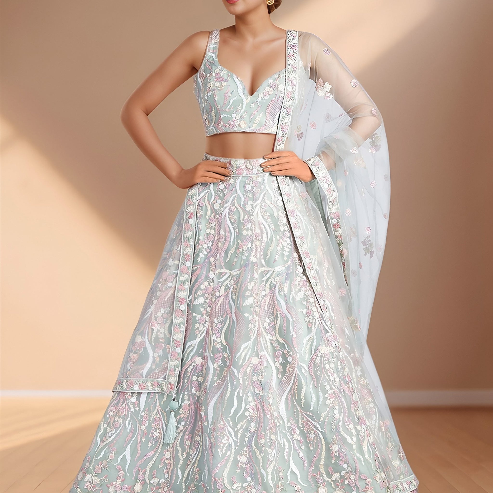 Chic Sky Blue Sequins Net Bridesmaid Lehenga Choli With Dupatta