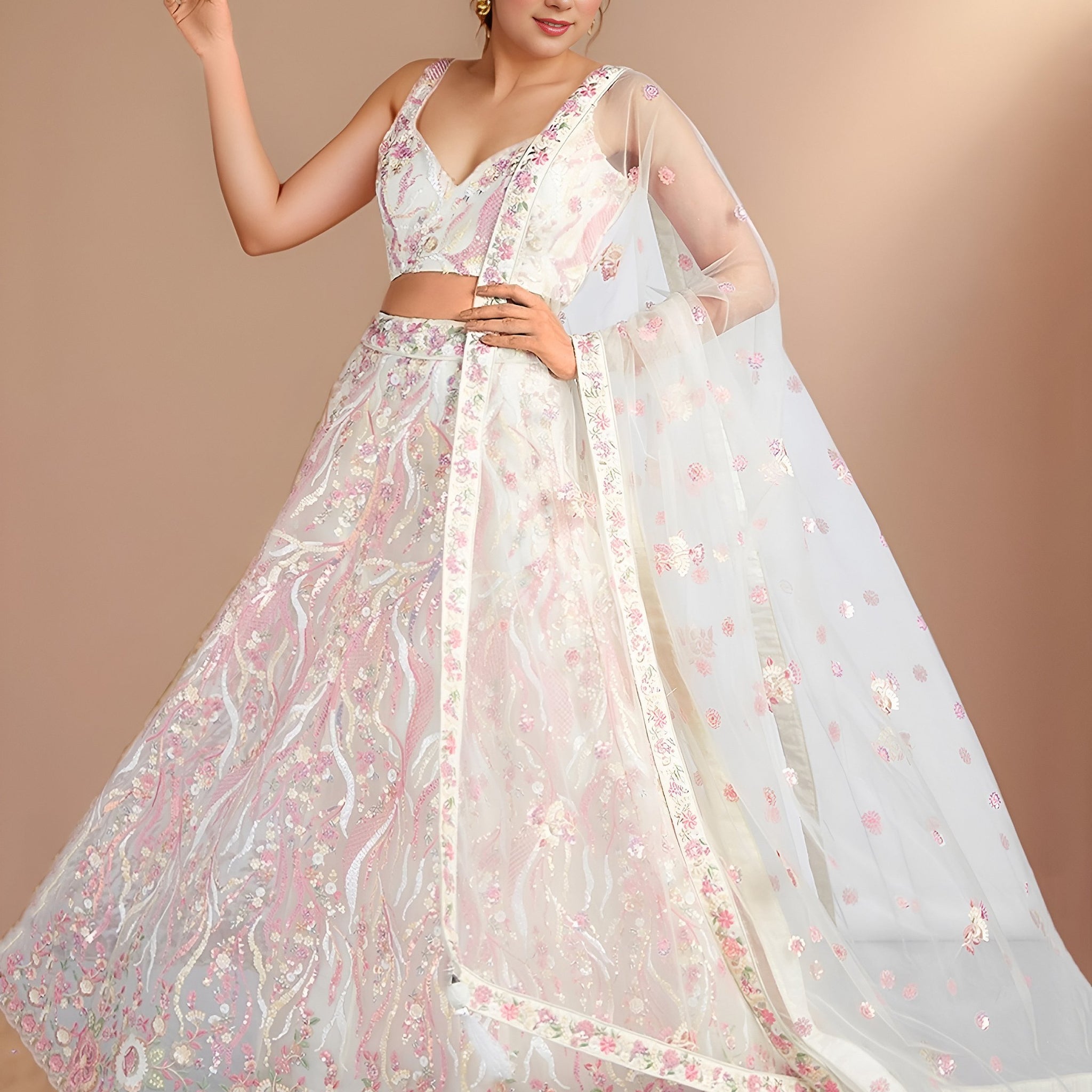 Superior White Thread Work Net Sangeet Wear Lehenga With Blouse