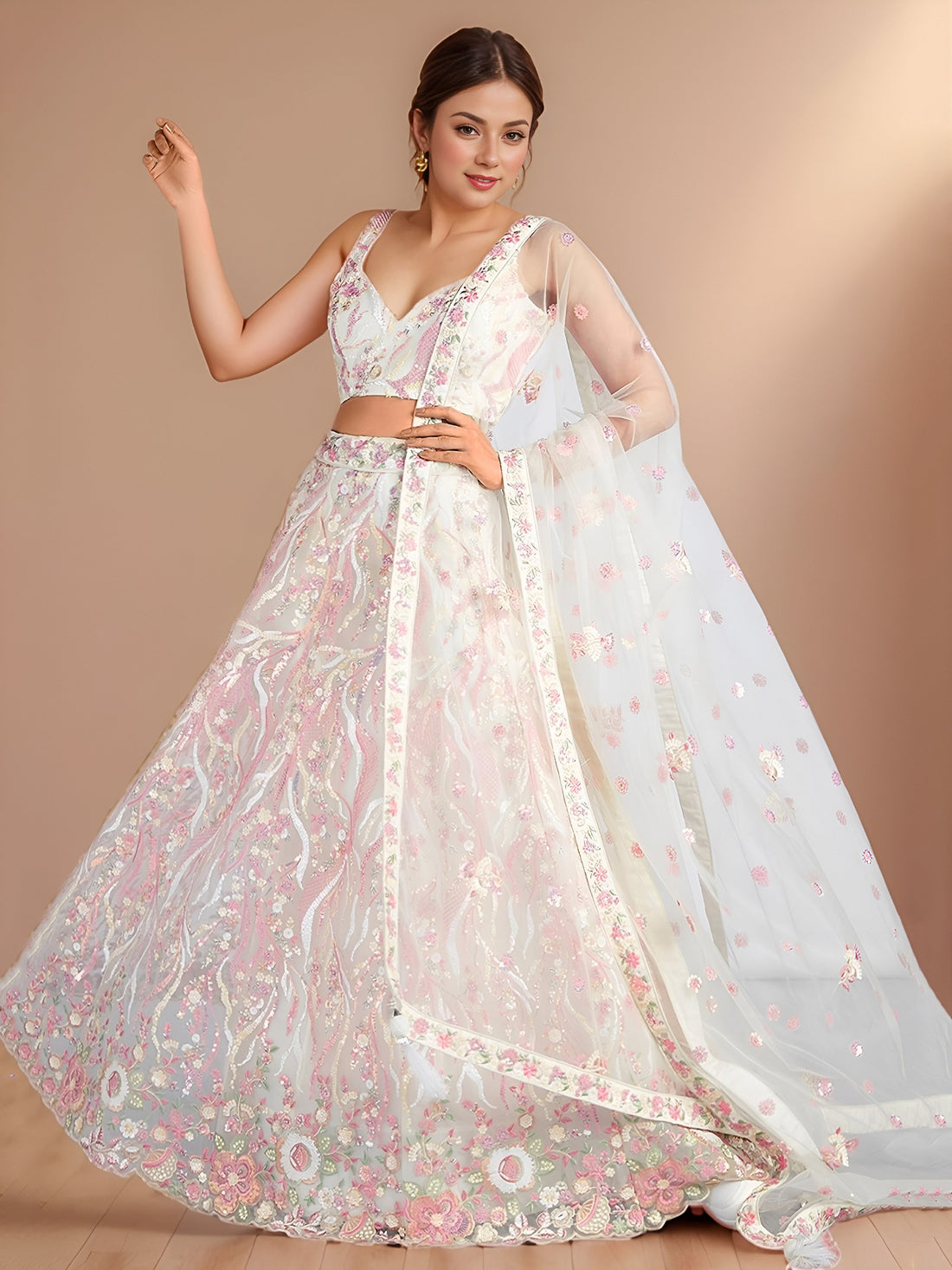 Superior White Thread Work Net Sangeet Wear Lehenga With Blouse