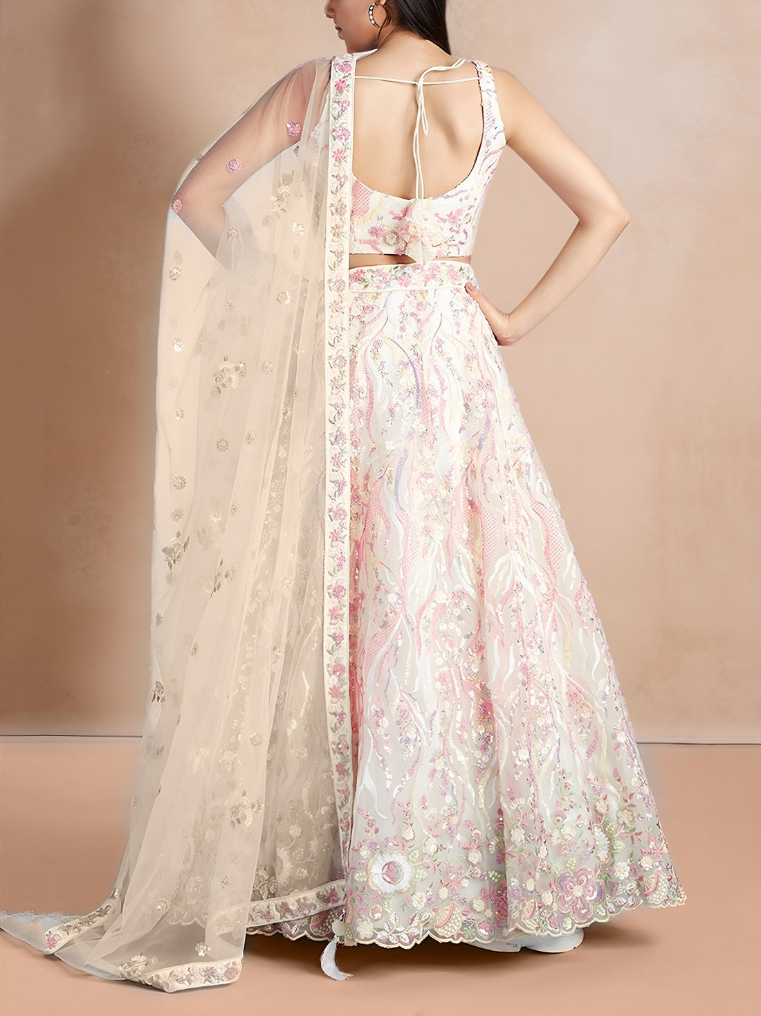 Superior White Thread Work Net Sangeet Wear Lehenga With Blouse
