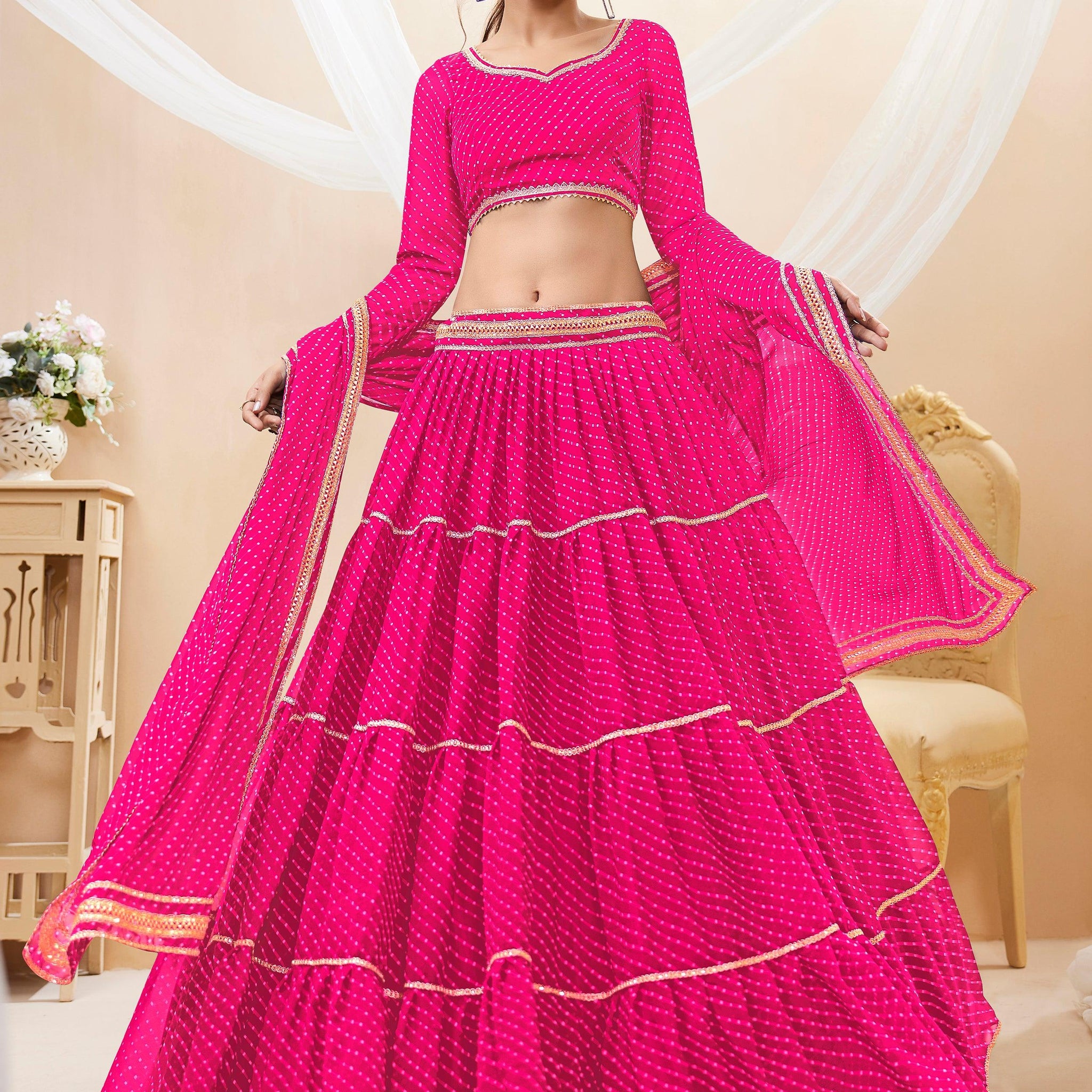 Charming Pink Leheriya Printed Georgette Traditional Lehenga Choli