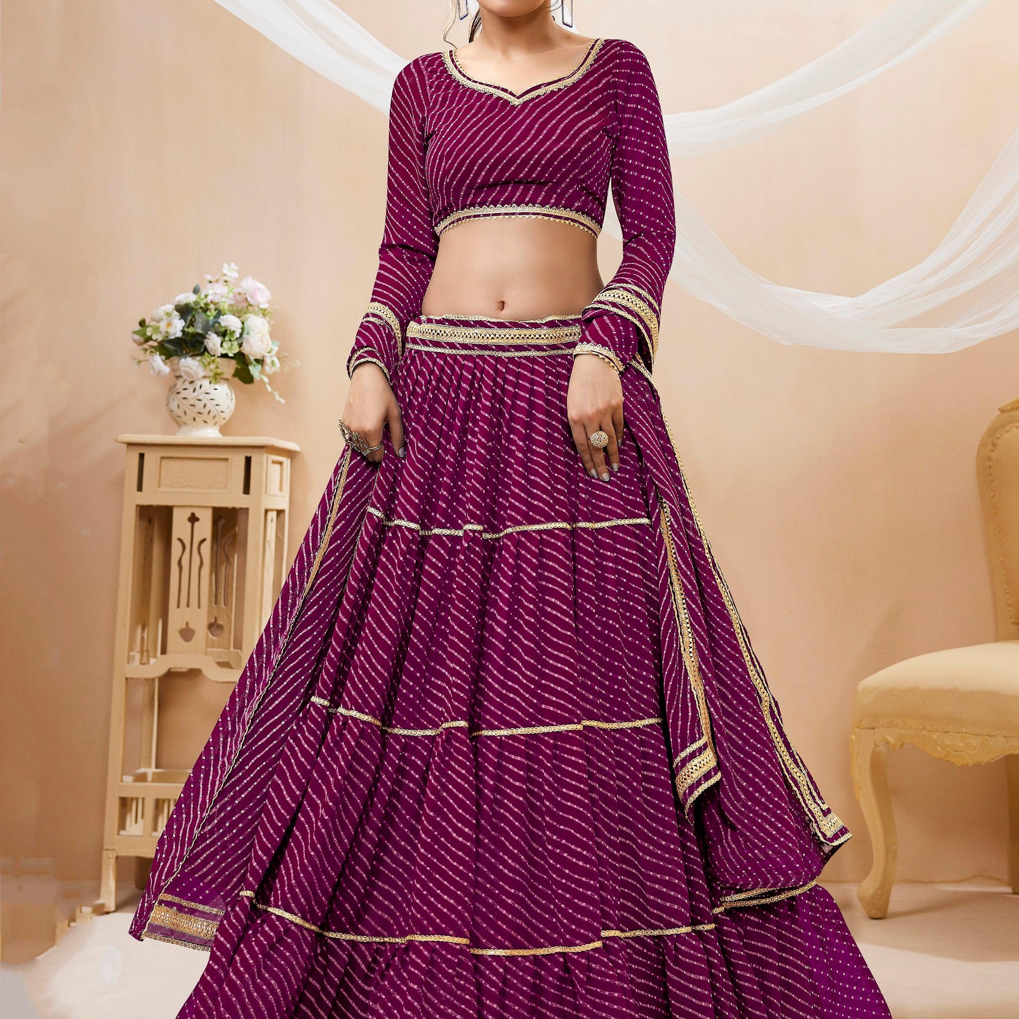 Stunning Purple Leheriya Printed Georgette Lehenga Choli With Dupatta