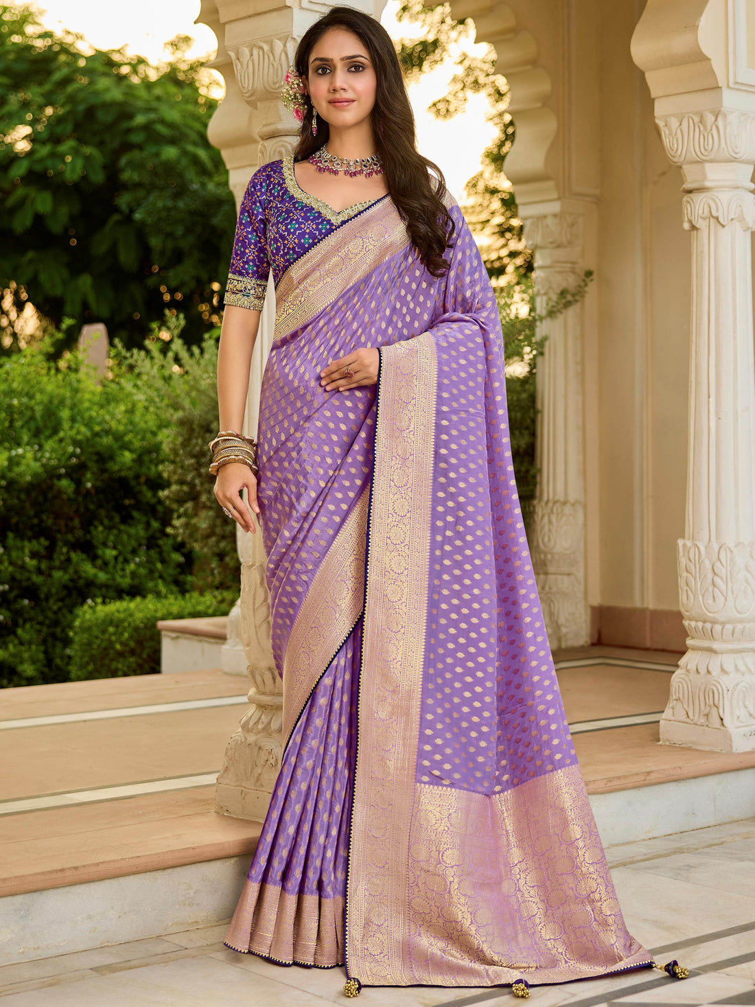 Gorgeous Lavender Zari Weaving Silk Engagement Wear Saree With Blouse