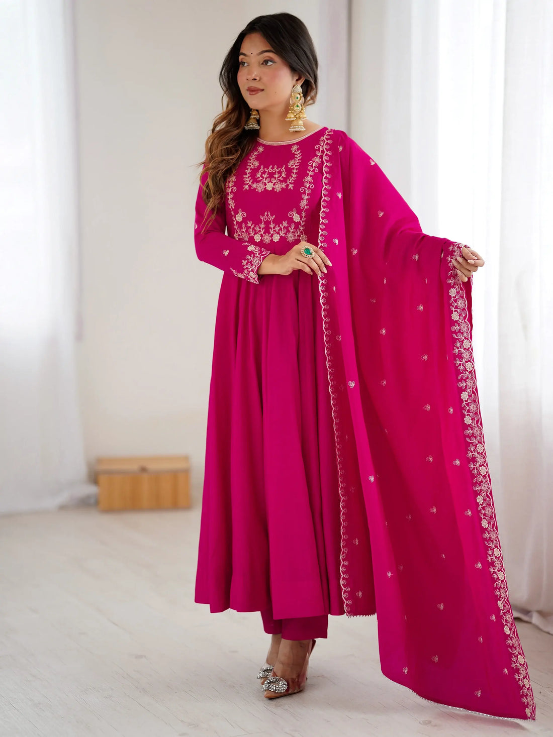Alluring Hot Pink Bead Work Chanderi Silk Designer Anarkali Suit With Dupatta
