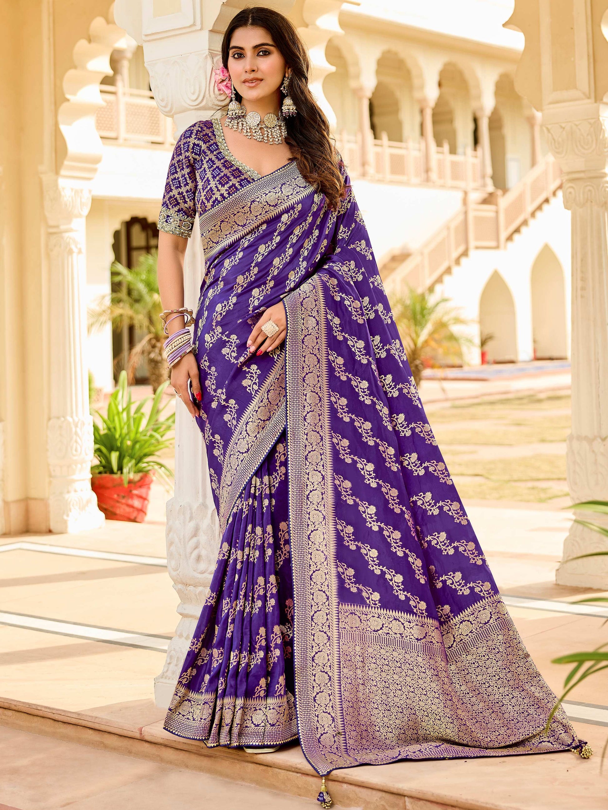 Glamorous Purple Zari Weaving Silk Wedding Wear Saree With Blouse