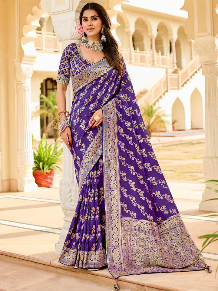 Glamorous Purple Zari Weaving Silk Wedding Wear Saree With Blouse