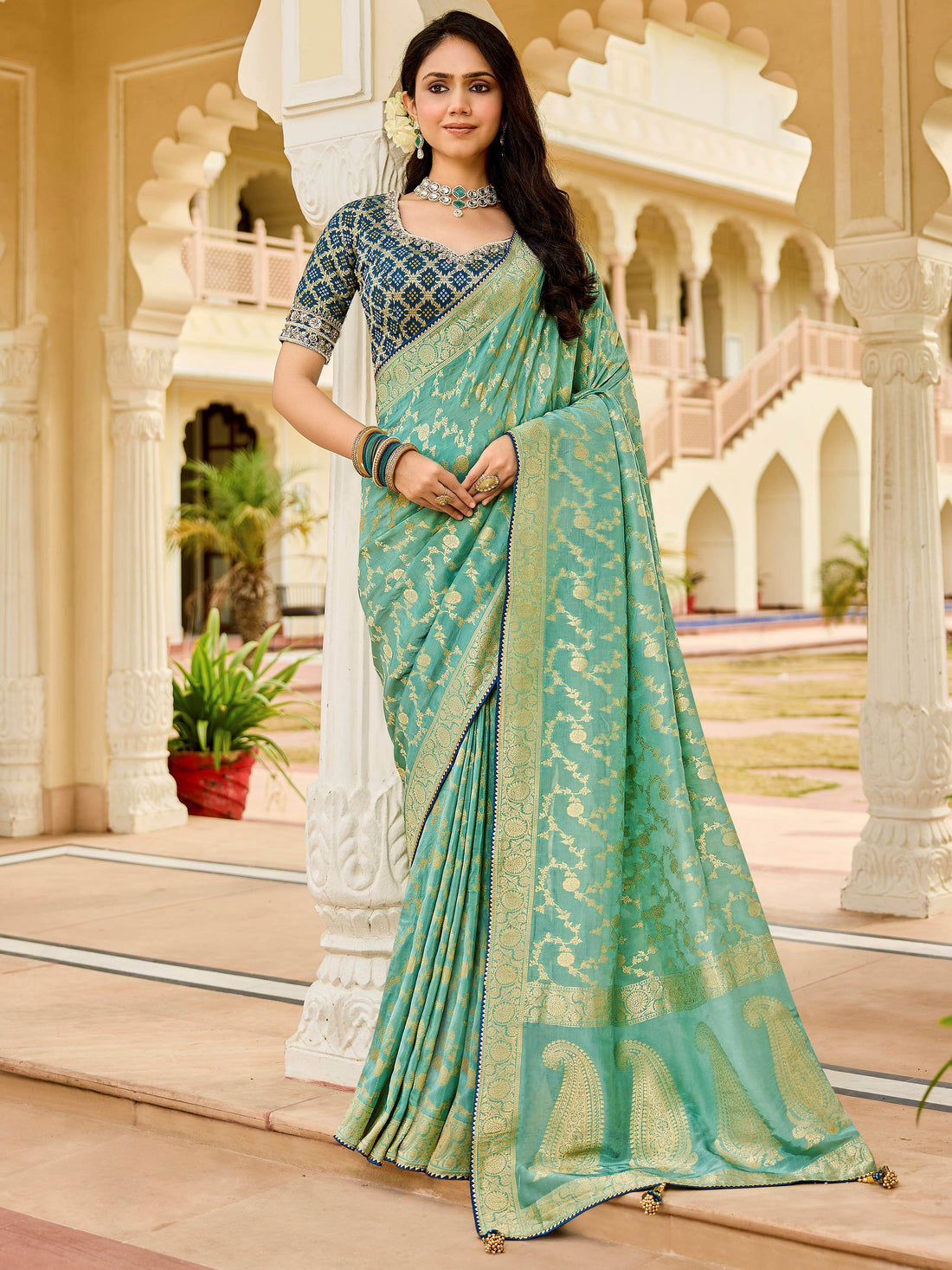 Alluring Pista Green Zari Weaving Silk Traditional Saree With Blouse