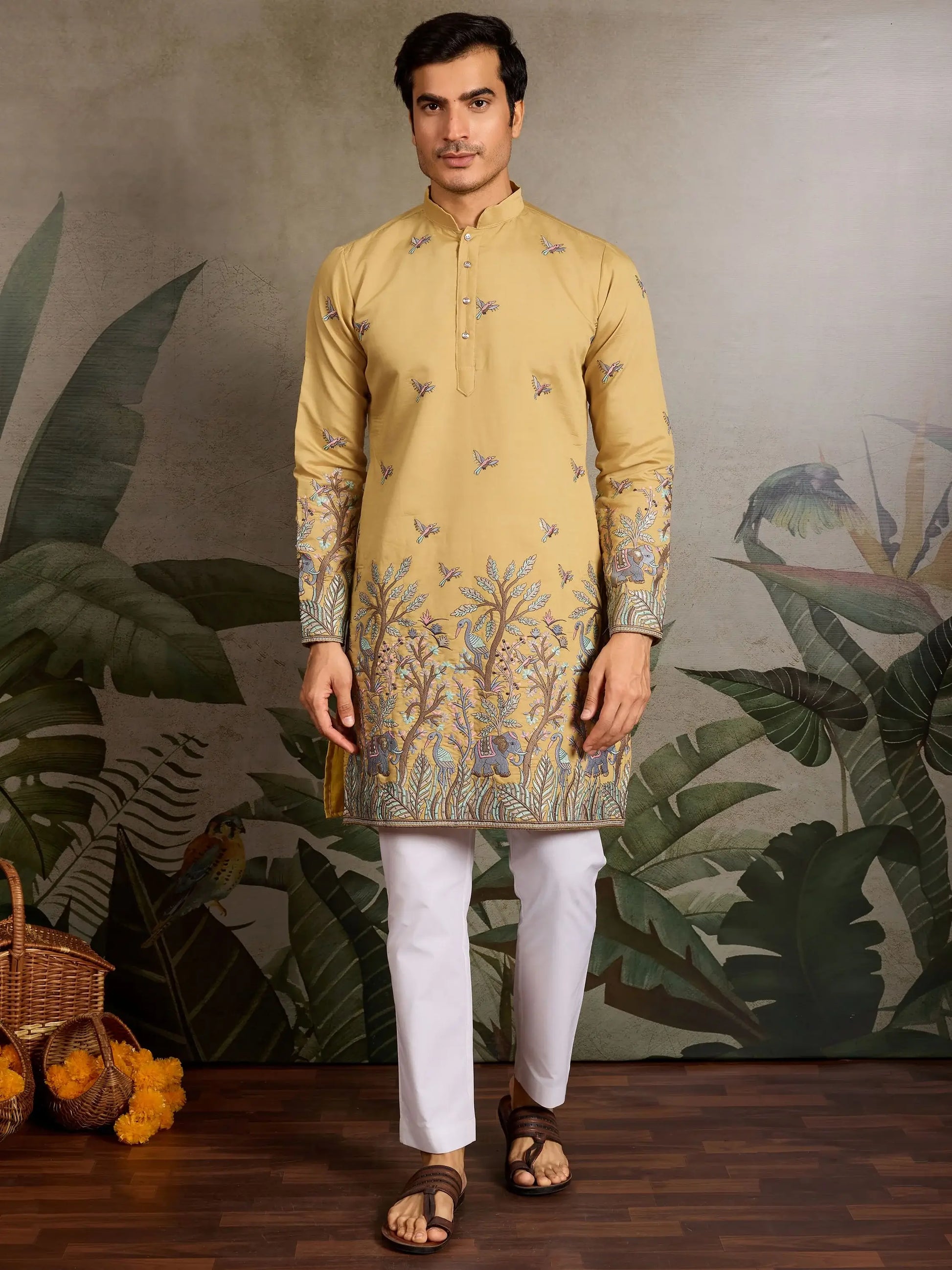 Stunning Yellow Sequins Viscose Silk Marriage Wear Men Kurta