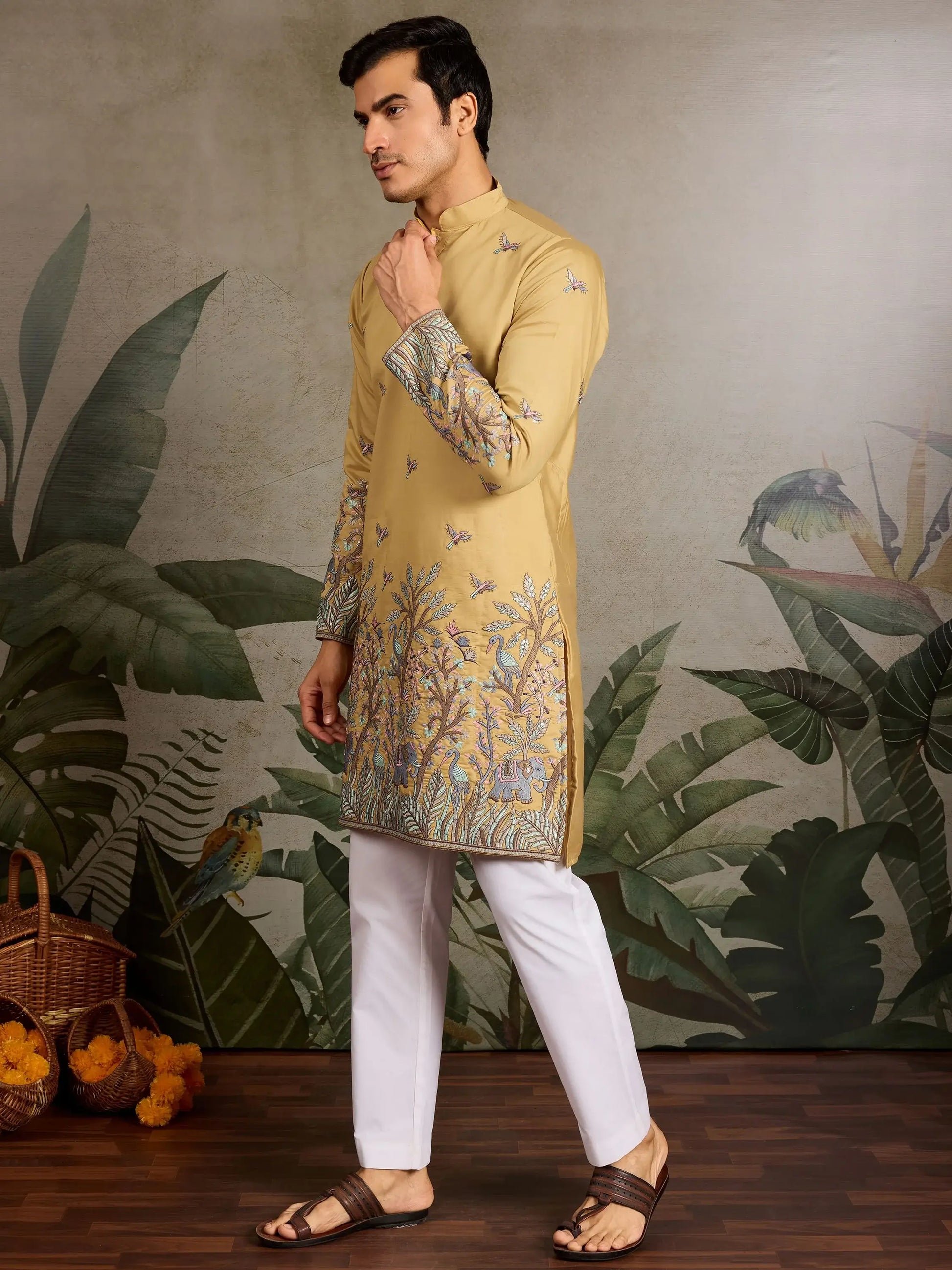 Stunning Yellow Sequins Viscose Silk Marriage Wear Men Kurta