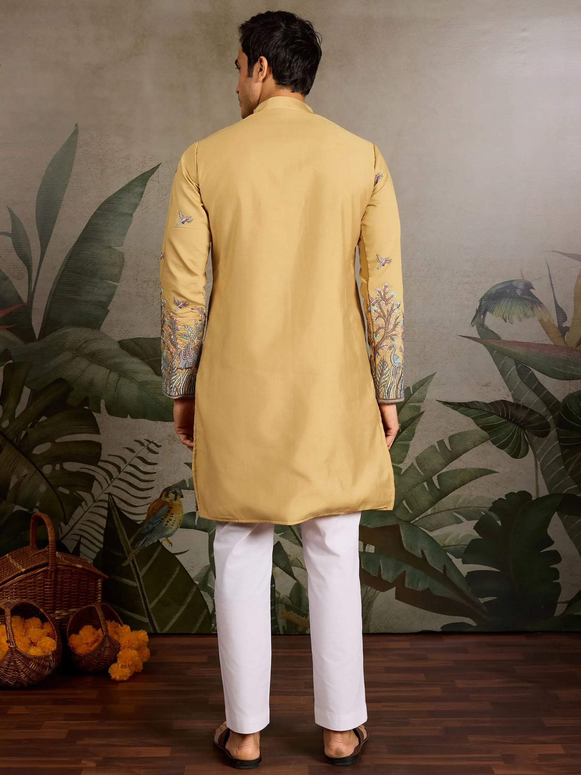 Stunning Yellow Sequins Viscose Silk Marriage Wear Men Kurta