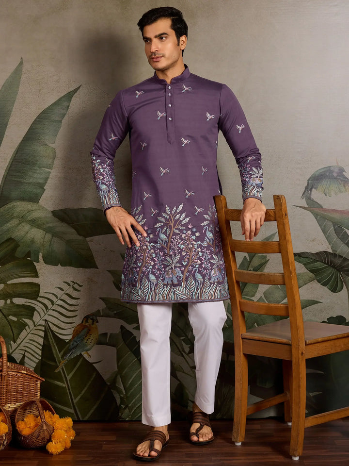 Rich Dusty Purple Embroidered Viscose Silk Engagement Wear Men Kurta