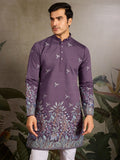 Rich Dusty Purple Embroidered Viscose Silk Engagement Wear Men Kurta