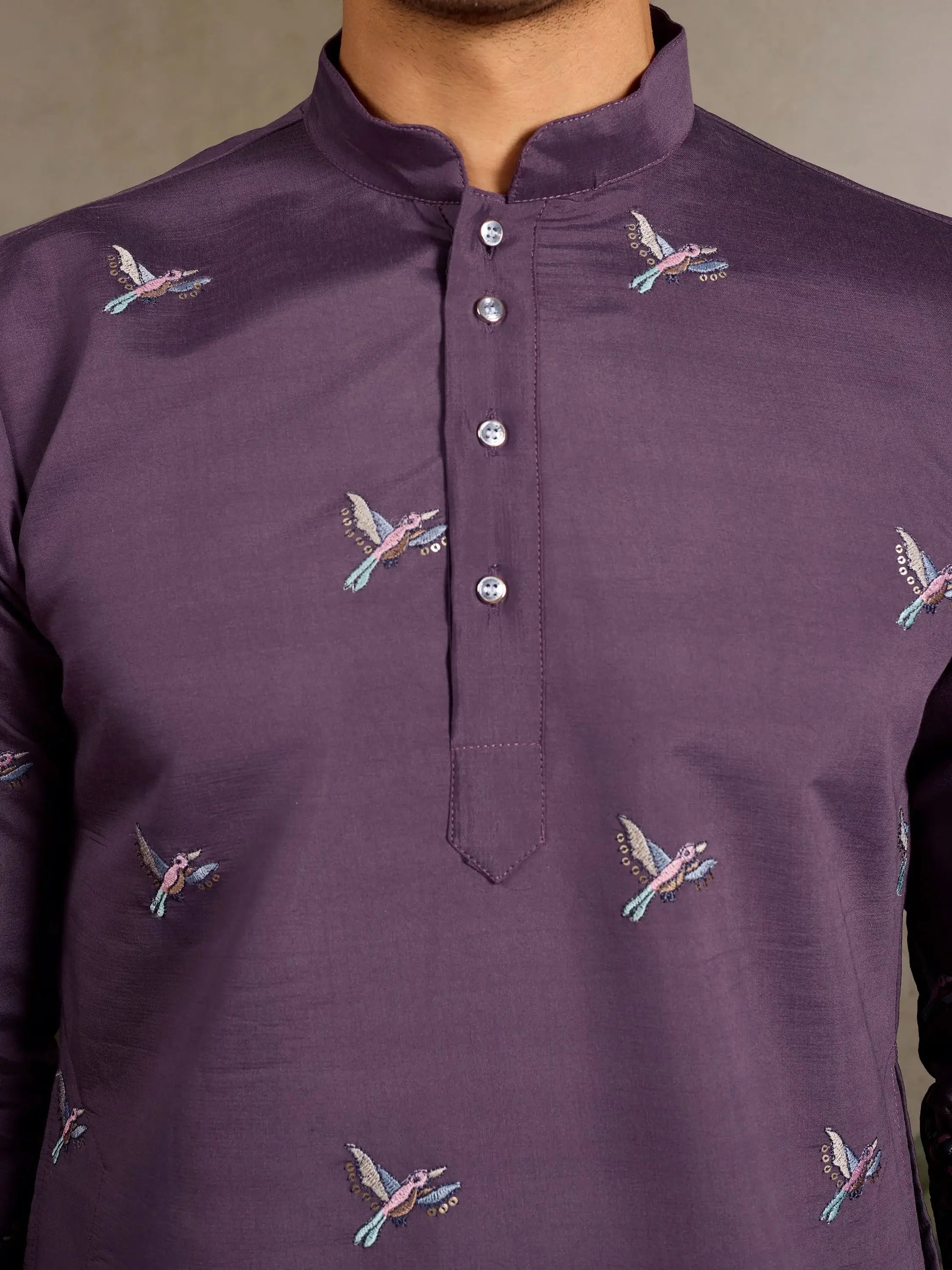 Rich Dusty Purple Embroidered Viscose Silk Engagement Wear Men Kurta