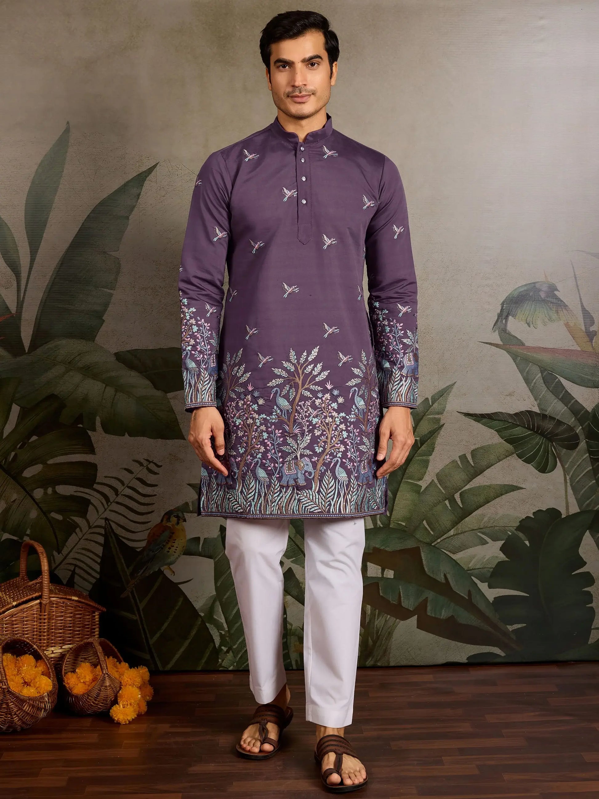 Rich Dusty Purple Embroidered Viscose Silk Engagement Wear Men Kurta